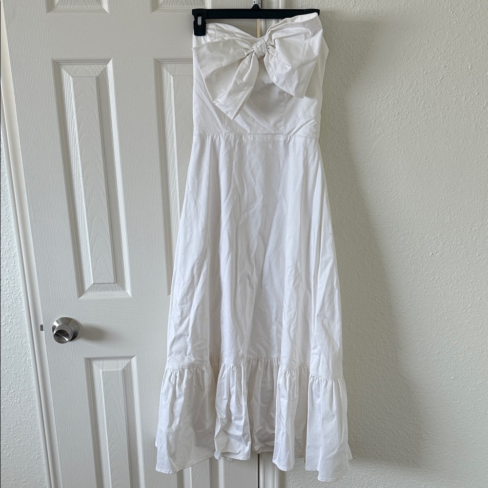 Custom White Strapless Midi Dress with Bow